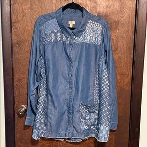 LOGO by Lori Goldstein Blue Button Down Shirt